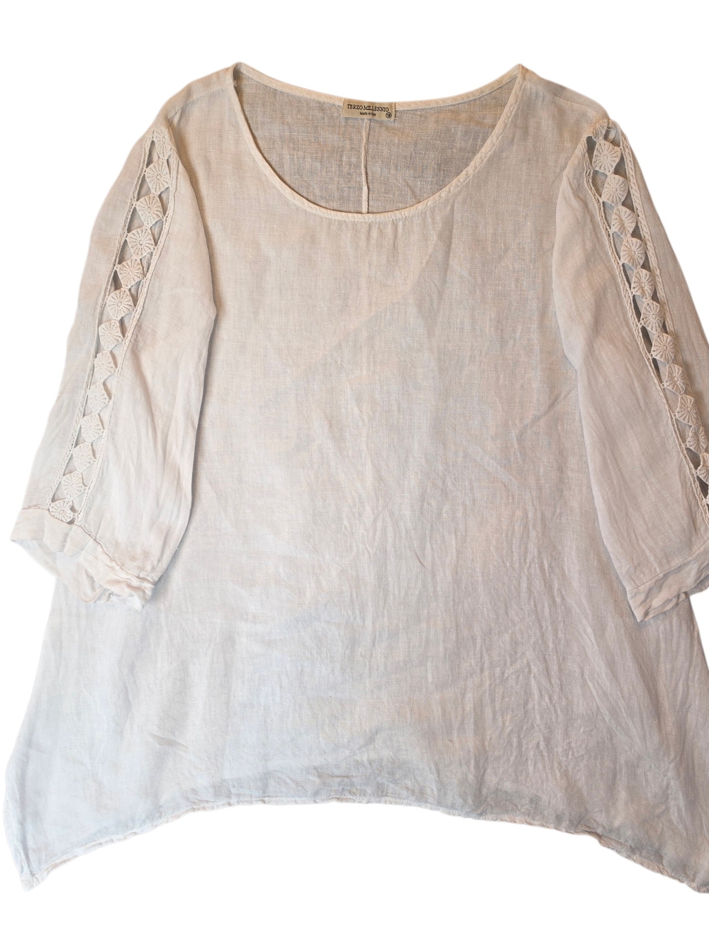 Terzo Millennio Linen Blouse 1X White Crochet Fairy Bohrmian Hippie Travel